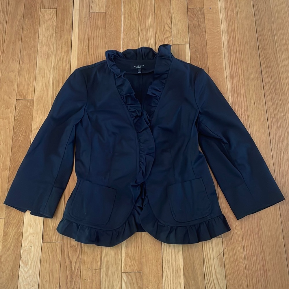 Talbots Black Cotton 3/4 Sleeve Blazer with Ruffles 10